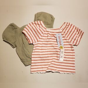 Cat & Jack Terracotta Striped Puff Sleeve Top and LOlive Green Puff Sleeve Top
